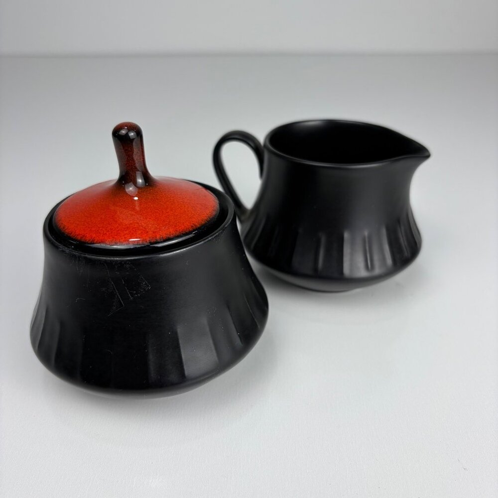 Vintage Black & Red Ceramic Creamer & Sugar Bowl Set With Lid